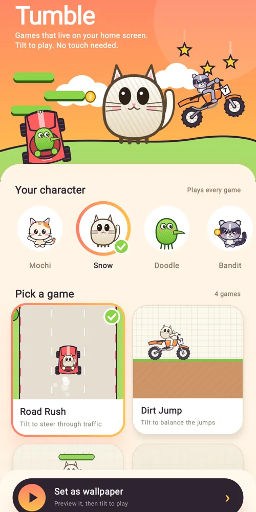 Tumble home screen: pick your character and your game, then set it as wallpaper